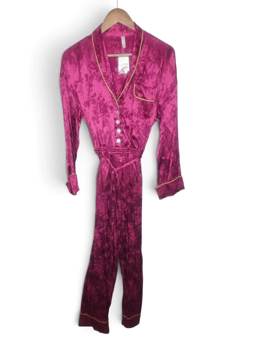 Free People So So Chic Raspberry Satin Jacquard Jumpsuit Size XS New With Tags